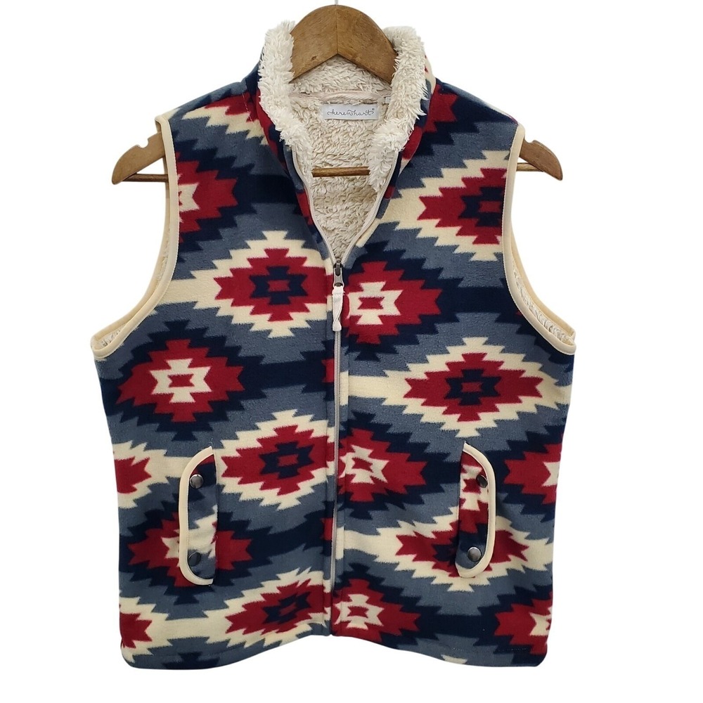 Aztec Print Sherpa Fleece Vest Womens Medium Keren Hart Southwest Cozy‎ Zip Boho